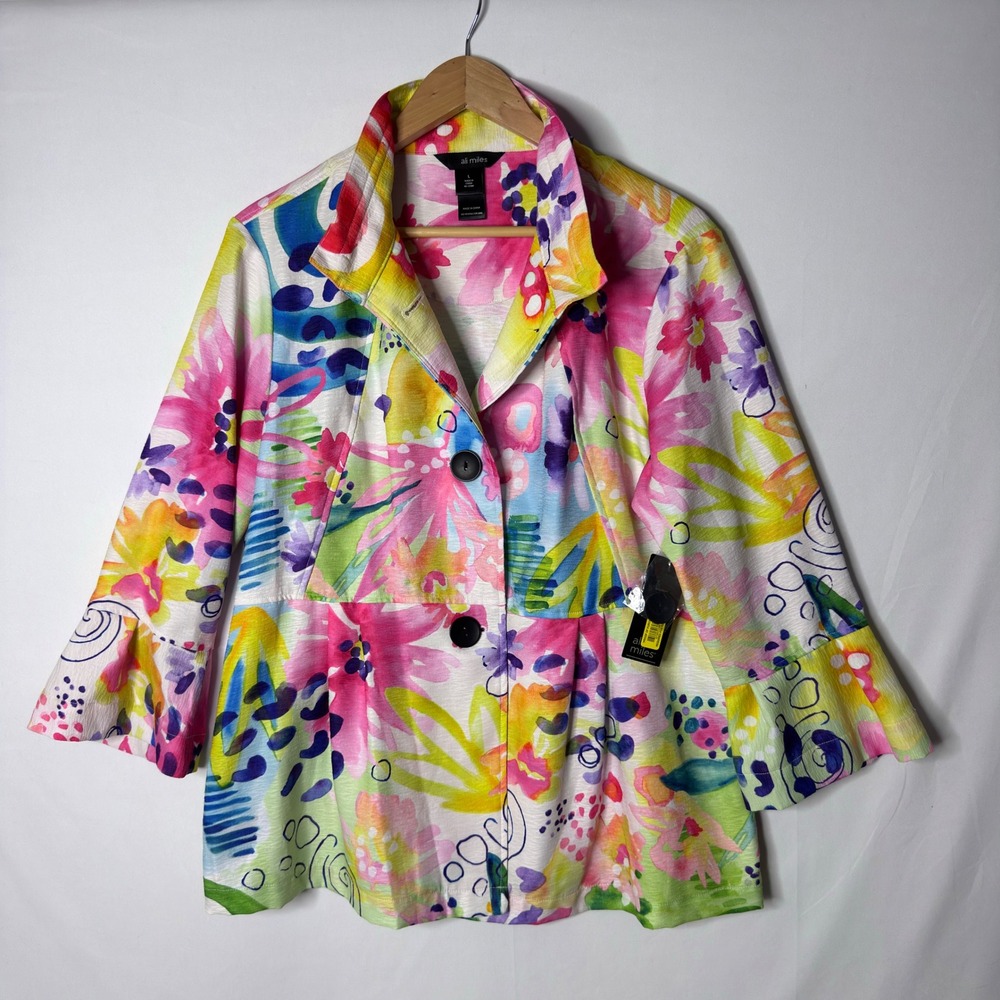 NEW Ali Miles Watercolor Floral Bell Sleeve Jacket Sz L Colorful Lagenlook Artsy